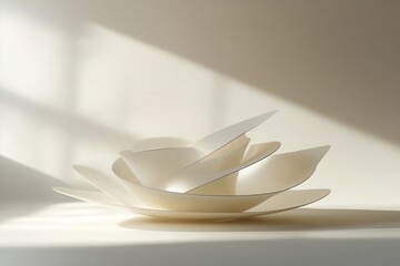 Poster - Elegant minimalist floating 3D shapes with soft shadows and reflections on a white background featuring futuristic design elements