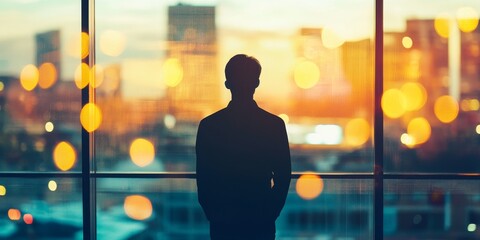Wall Mural - a man is standing in front of a window looking out at the city