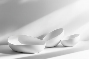 Poster - Floating 3D shapes with elegant reflections and soft shadows on a white background create a minimalist and futuristic design aesthetic