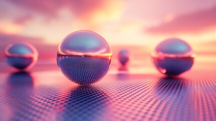 Wall Mural - Shiny metallic spheres reflect a beautiful sunset across a textured surface