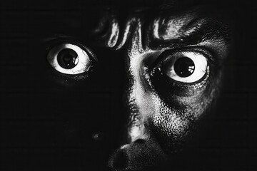 Aufkleber - Dark face with wide fearful eyes creates an eerie atmosphere in monochrome contrast