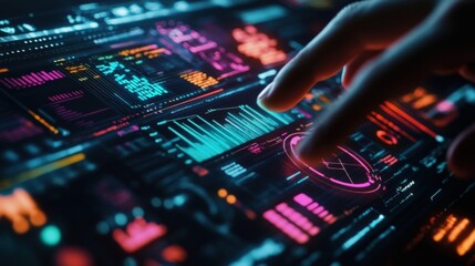 Businessman using futuristic digital touchscreen with colorful holographic interface displaying various data, charts and graphs, showcasing advanced technology and business analytics