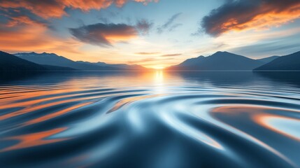 Wall Mural - sunset reflecting on calm lake water with mountains in background