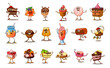 © Vector Tradition - Funny groovy cakes and desserts characters. Vector set of cartoon sweet treats. Jelly, cupcake, muffin and donut, jam or honey jar, cocktail glass, roll and pie, cheesecake, and macaroon pastries