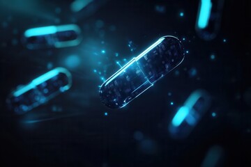 Aufkleber - Glowing capsules emit soft blue light in a dark environment with a futuristic medical design aesthetic