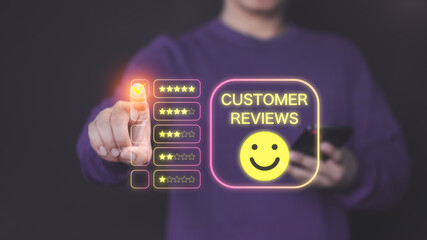 Fototapete - Male customer select five star and a happy face icon from a feedback. Business concept of customer service satisfaction, review, and positive user experience in an online feedback system.