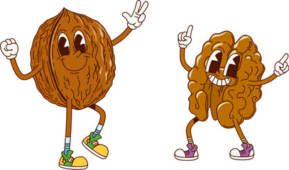 Aufkleber - Cartoon retro groovy walnut nut characters. Healthy nutrition nut snack cartoon isolated vector mascot. Walnut core and shell two funny characters or cheerful groovy personages dancing and having fun