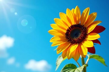 vibrant sunflower with rainbow petals against blue sky, nature, colorful