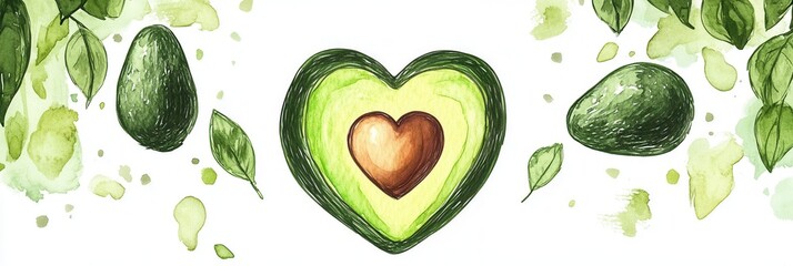Aufkleber - Hand drawn avocado logo with heart shaped seed reflecting organic lifestyle and artistic flair for fresh food branding concepts