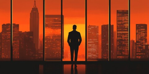 Wall Mural - a man is standing in front of a window looking out at the city