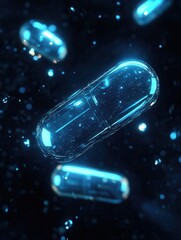 Poster - Futuristic glowing capsules float in dark space with a soft blue light, creating an abstract and cinematic medical atmosphere