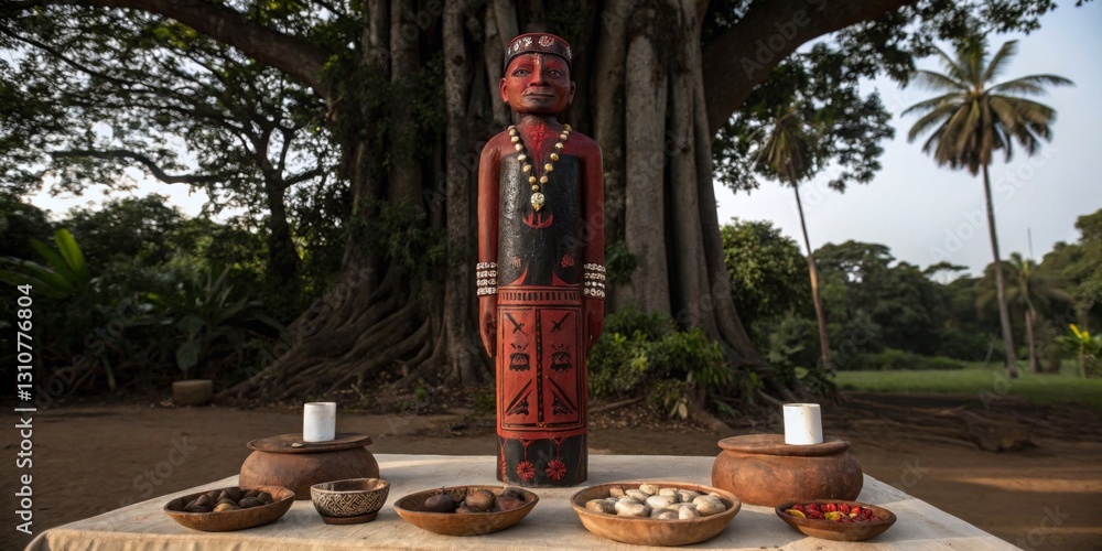Ceremonial statue stands under a large tree, surrounded by offerings ...
