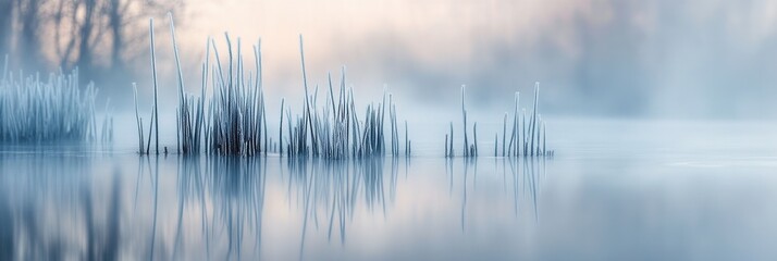 Leinwandbilder - Frozen ice crystals reflect soft winter light on serene water in an abstract frost landscape