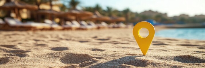 Aufkleber - Golden location pin highlights a tropical beach destination with sunbeds and umbrellas for relaxation and enjoyment by the sea