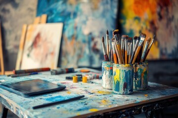 Poster - Creative workspace filled with brushes, pencils, and digital tools displayed amid vibrant art