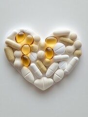 Aufkleber - Heart shaped display of assorted pills and capsules arranged artistically on a clean white background under soft lighting