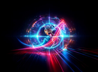 Wall Mural - double exposure art featuring a glowing globe with a vibrant neon arrow pointing upwards. abstract l