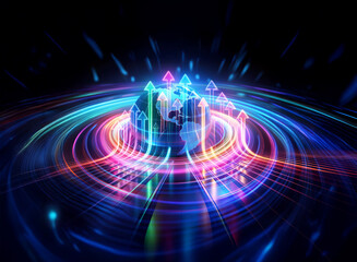 Wall Mural - double exposure art shows a vibrant earth globe with neon light trails and upward arrows, symbolizin
