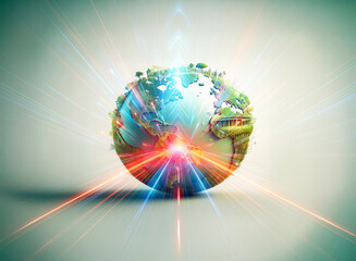 Wall Mural - a vibrant globe with a double exposure effect shows radiant light beams emanating outwards. it repre