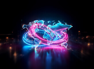 Wall Mural - neon world map with vibrant, glowing rings in double exposure style. illuminated contours create a f