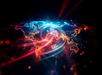 Wall Mural - vibrant double exposure art: glowing world map with bright, dynamic lines and radiant colors against