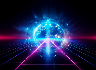 Wall Mural - vibrant neon blue and pink globe and arrow, double exposure effect. digitally layered over a grid ba