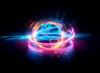 Wall Mural - vibrant double exposure of earth globe encircled by luminous, swirling energy trails against a stark