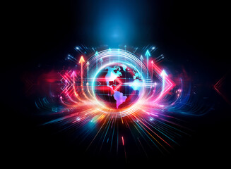 Wall Mural - dynamic glowing globe with vibrant light trails and arrows in double exposure effect. illuminated di