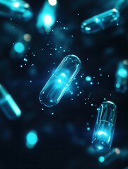 Fototapete - Glowing capsules illuminate a dark environment with soft blue light in a futuristic abstract medical design