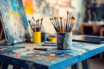 Aufkleber - Creative tools scattered across a vibrant artistic workspace fostering inspiration and imagination