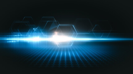 Wall Mural - abstract tech glow: futuristic digital landscape with glowing blue hexagons and a bright light beam,