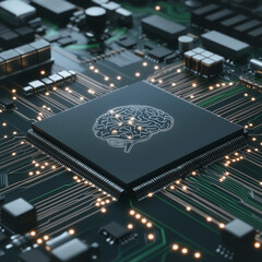 Wall Mural - brain-powered circuit: a detailed close-up of a computer processor chip, a circuit board, and a futu