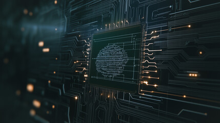 Wall Mural - digital brain: an illuminated computer chip showcases a brain design, representing the core of intel