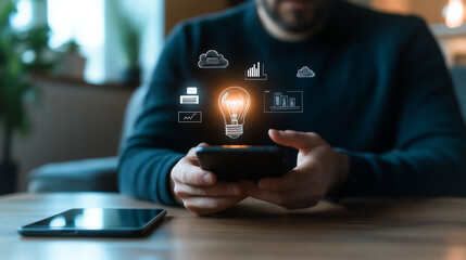 Wall Mural - idea's spark: hands holding phone with creative icons hovering above, representing innovation, techn