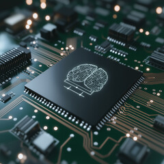 Wall Mural - brain chip: a close-up image of a central processing unit (cpu) of a computer, featuring a brain ico