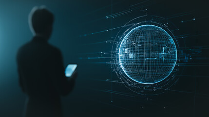 Wall Mural - digital sphere vision: an executive, silhouetted against a background of a mesmerizing digital spher