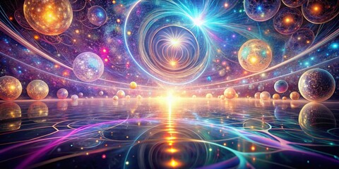 Wall Mural - a celestial tapestry reflective waters, glowing spheres, and cosmic energy streams weaving a multive