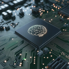 Wall Mural - digital brain: a close-up, photorealistic view of a microchip with a brain graphic, symbolizing adva