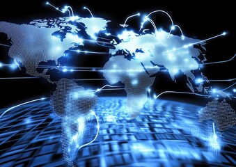 Global network connections, digital world map, glowing lines, binary code background