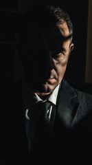 Canvas Print - a man in a suit is standing in the dark with his head down