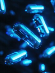 Fototapete - Glowing capsules in a digital futuristic world with soft blue light illuminating a dark environment