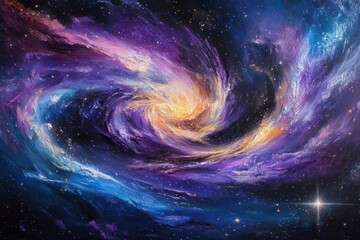 Wall Mural - a vibrant, swirling nebula in deep space with brilliant purples and blues, cosmic dust clouds illuminated by distant stars creating an ethereal celestial landscape with stunning depth and detail