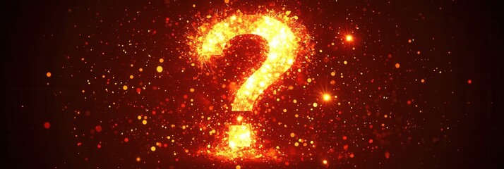 Poster - Minimalist question mark glowing with light bursts in modern flat style against a dark background