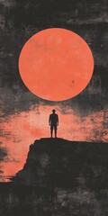 Wall Mural - A man stands on a rocky hillside looking out at a large red sun
