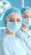 © Platoo studio - Healthcare professionals in surgical attire, wearing masks and protective eyewear, standing confidently in medical setting