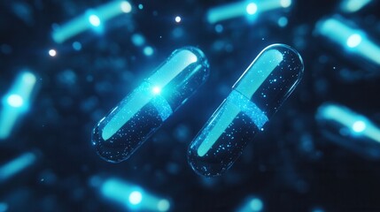 Poster - Glowing capsules emit soft blue light in a dark environment, creating a captivating abstract medical design with a futuristic aesthetic