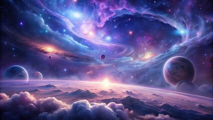 Wall Mural - a breathtaking cosmic vista showcasing a vibrant nebula swirling around celestial bodies, a sunrise 