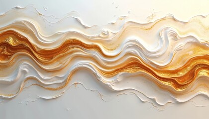 Poster - Illustration of abstract white-gold marbling oil acrylic paint background. Luxury wallpaper art with horizontal waves, brush strokes, curves. Fluid swirls of white, gold with glitter stains. Glamour