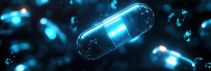 Fototapete - Glowing capsules illuminate dark space with soft blue light in a digital futuristic medical design