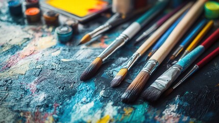 Poster - Creative workspace filled with scattered brushes, pencils, and digital tablets showcases artistic expression and inspiration